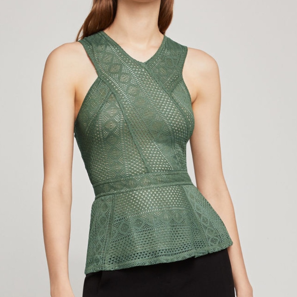 BCBG Hanne Geometric Lace Peplum Top